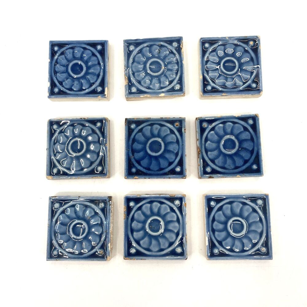 Trent Ceramic Glazed Tiles Blue 2"x2" 9 pcs Majolica Relief Floral Salvage